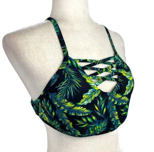 Cabana Del Sol  Palm Leaf Tropical Criss Cross Bikini Top Medium Green