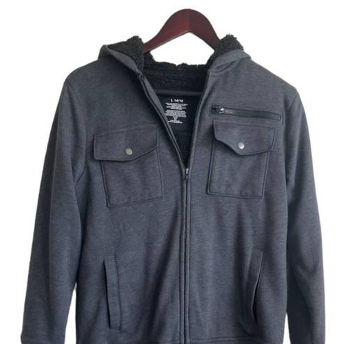 Sonoma  Jacket Women Fleece 14/16 Gray Hooded Long Sleeve Pockets Full Zip Coat