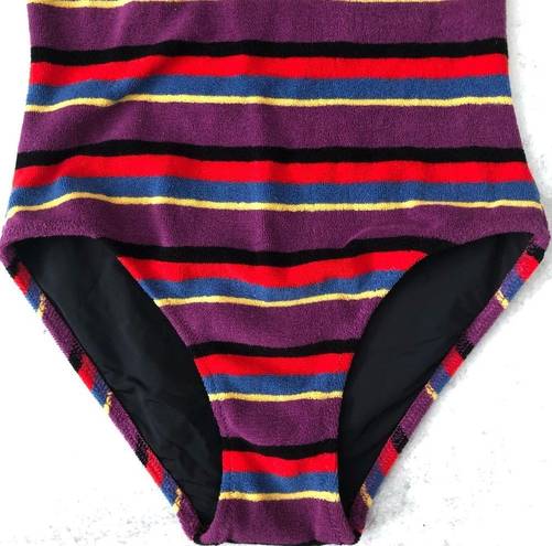 Solid & Striped  The Heather Grape Terry Stripe Halter One Piece Swimsuit NEW