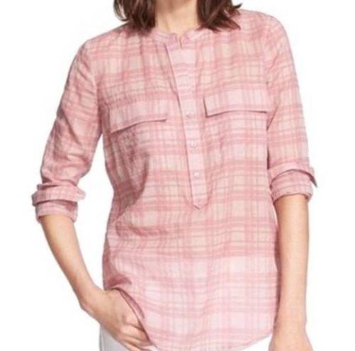 Vince  Peony Pink Plaid Half Placket Cotton Shirt sz M