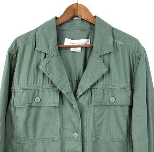 Treasure & Bond  Womens L Button Down Shirt Shacket Olive Military Green Urban