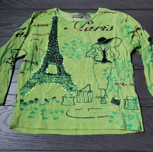 Jane Ashley  90s Paris Fashion Bedazzled Rhinestone Graphic 3/4 Sleeve Blouse Top