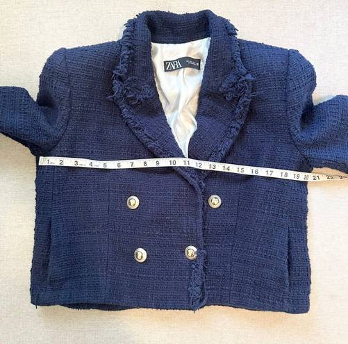 ZARA Tweed Textured Frayed Crop Blazer Jacket in Navy Size L