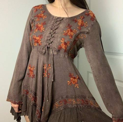 Sacred Threads  Boho Asymmetric Earthy Embroidered Dress Size Small - Medium