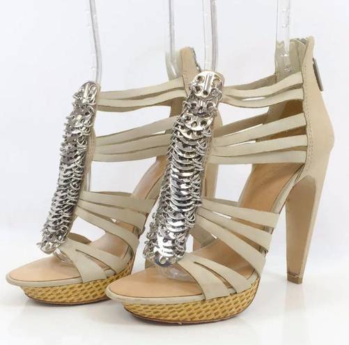 L.A.M.B. Leather Silver Coin Strappy Platform Heels