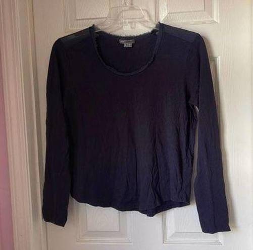 Vince  long sleeve knit with sheer panels on shoulders/silk raw hem around neck