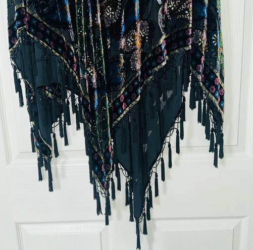 Coldwater Creek 💜Sheer Silk, Black Velvet Burnout Poncho,Beading & Tassels. OSFM💜