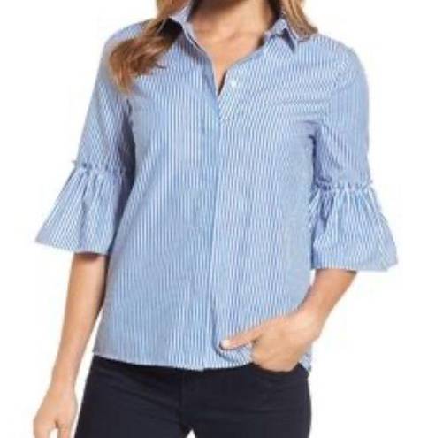 Draper James  Andrea Striped Button Down Ruffle Blouse Blue & White Size 8 Stripe