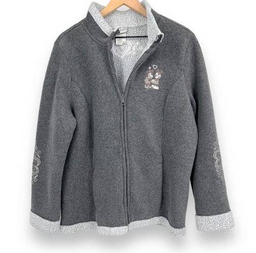 Disney Walt  World Grey Mickey Minnie Embroidered Fleece Sherpa Zip Jacket 1X