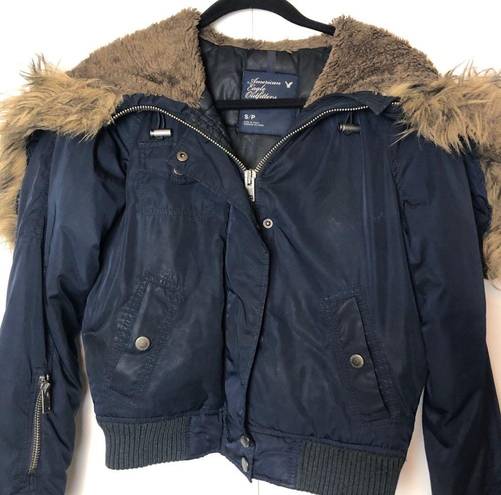 American Eagle  Outfitters Split Faux Fur Hood Bomber Jacket