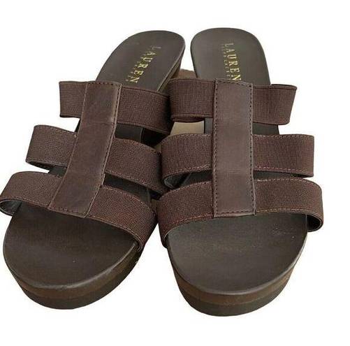 Ralph Lauren Lauren  Sandals Wedge Shoes 9 M Brown  Slip On Peep Toes Platform