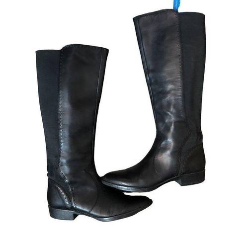 Ann Taylor  Loft black leather riding boot with stretch band in back. Pull on siz