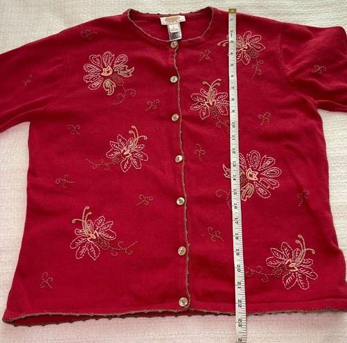 Talbots PL  Red Cardigan with Floral Embroidery