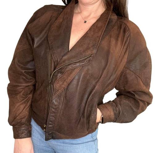 Vintage 80s Pelle Soft Leather Bomber Jacket in Brown Oversized Size Small