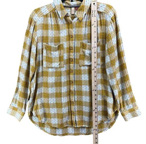 Pilcro  Anthropologie Blouse Womens S Yellow Plaid Blue Stitched Button Up Shirt