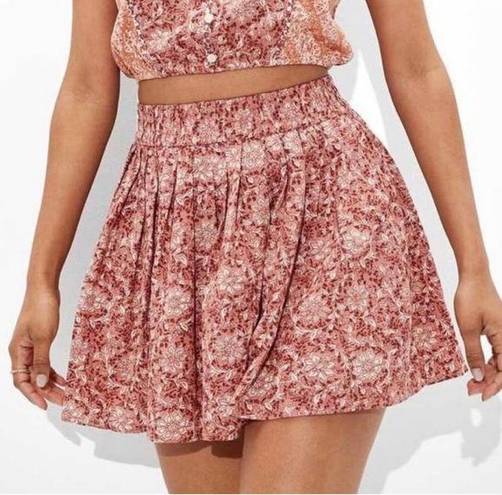 American Eagle Pink Floral Cotton Linen Pleated Mini Skirt NEW