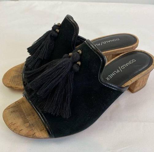 Donald Pliner  Marra Mule Slide Sandal Black Suede Sz 6 Tassels Cork Low Heel