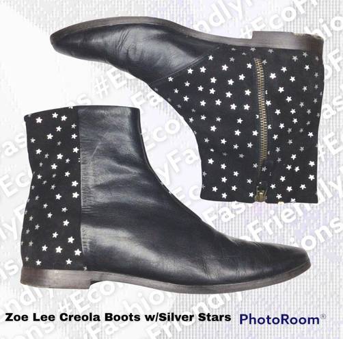 Lee Zoe  Nu 19 Womens Black Creola Boots Silver Stars Zipper Ankle Boot Size 39.5