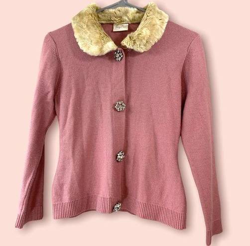 Tracy Reese  vintage vibes faux fur collar jeweled buttons women’s cardigan s