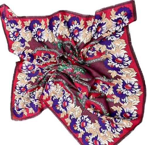 Oscar de la Renta Vintage  Burgundy Floral Wool Scarf