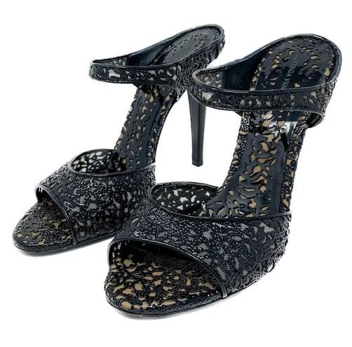 Bottega Veneta  black patent lasercut lace strappy high heel sandals size 37.5