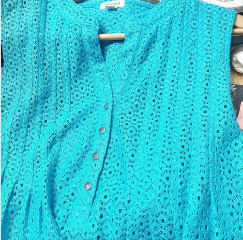 Westport  Crochet Eyelet Tank Teal Blue Button Front Plus Size XL