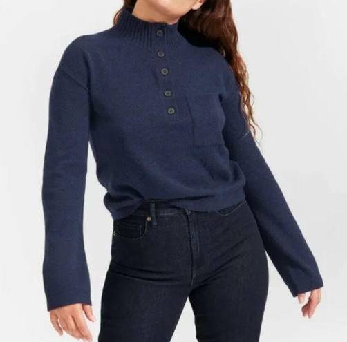 Everlane  Sweater Blue Heather Ink ReCashmere Button Mock Neck Sz XS GUC Preppy