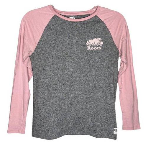 Roots  Shirt Womens Small Gray Pink Raglan Baseball Tee Sporty Casual Versatile