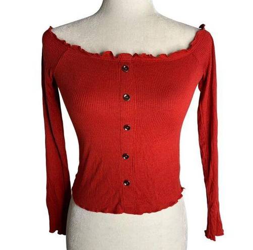 Guess  Off the Shoulder Stretch Crop Top M Red Lettuce Hem Long Sleeves Buttons