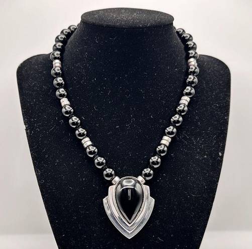 Onyx Vintage Black  Sterling Silver Statement Necklace Beaded Western Bohemian