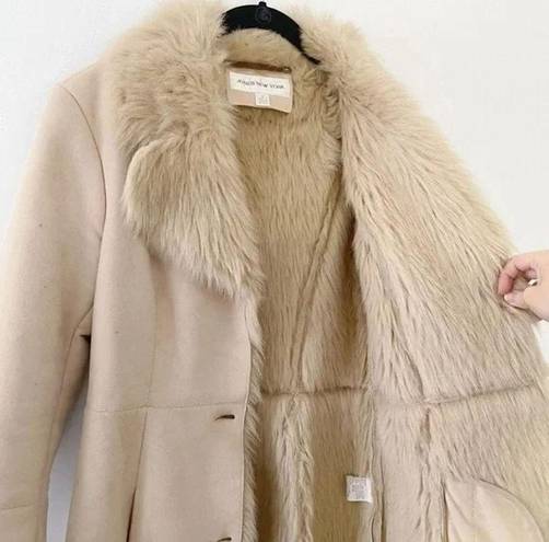 Jones New York Faux Suede Faux Fur Trim Long Coat Cream Size S