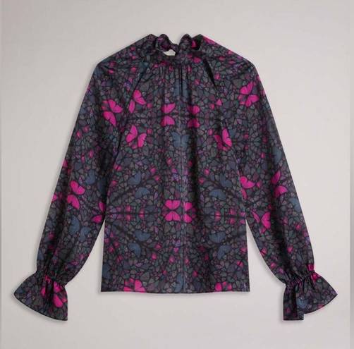 Ted Baker NWT  Heiydii High Neck Satin Butterfly Print Blouse