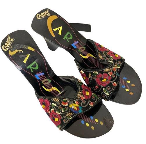 Carlos Santana  Embroidered Black Lacquer Wooden Wedge Slip-On Mules Size 6 1/2