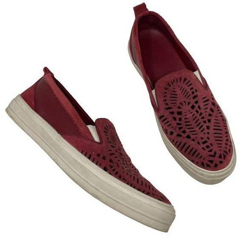 Nine West  Oletta Perforated Sneaker Lasercut Red Burgundy Suede Slip-on Size 8.5