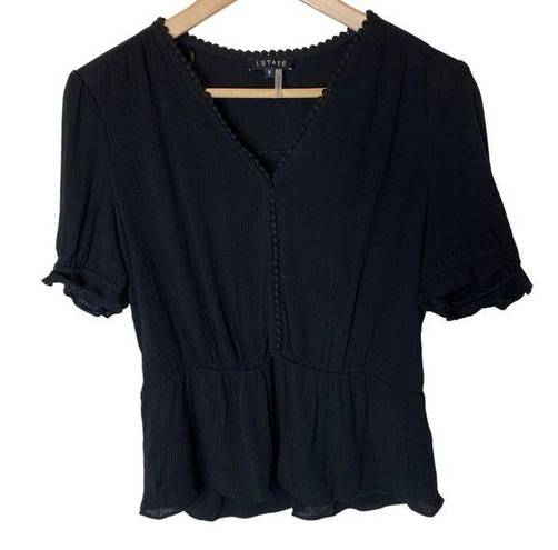 1. State  Black Short Sleeve V-Neck Peplum Top Ruffle Detail Women’s, size Small