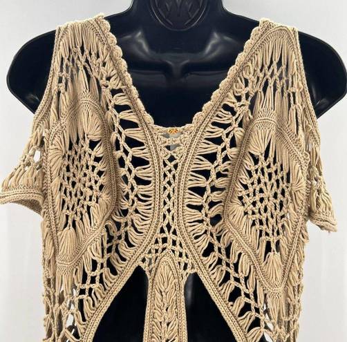 PilyQ  Crochet Cover Up Dress Brown Cold Shoulder Cover-Up Women's Size XS/S