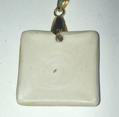 Vintage Gold Tone Floral Ceramic Stone Boho Square Chunky Pendant