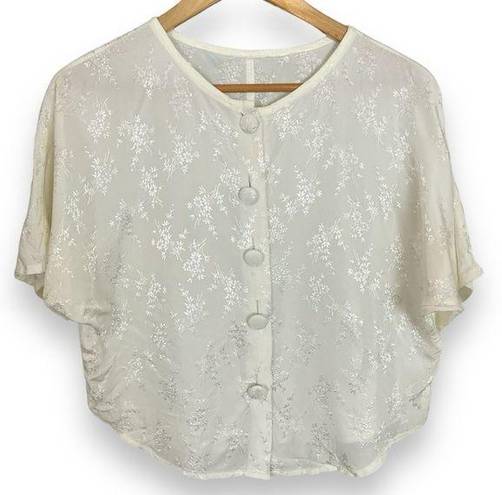 Buttons Vintage Batwing Blouse White Cream Iridescent Floral Short Sleeve Large 