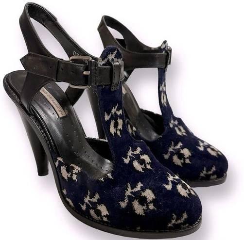 Opening Ceremony  Janette T-Strap Chunky Blue Black White Floral Heels | Sz 37