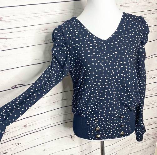 Carmen Marc Valvo  Navy Blue Polka Dot Puff Sleeve Blouse Size Small