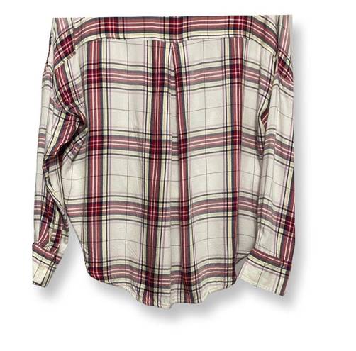 Lou & grey Womens Hi Lo Top Beige Red Plaid Long Sleeve Button Cuff XS