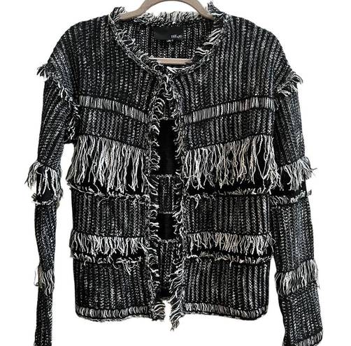 FATE. By LFD Black White Tweed Fringe Detail Cardigan Blazer Size Small