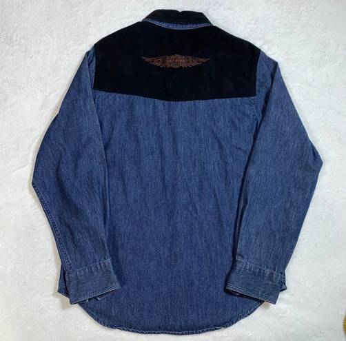 Harley Davidson Womens Harley-Davidson Blue Denim Snap Shirt Black Faux Suede Accents Size M