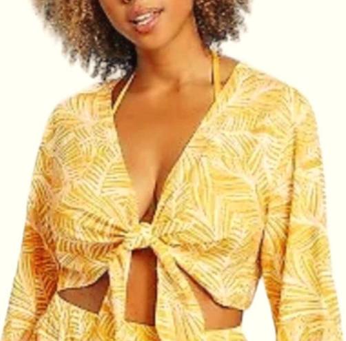 Shade & Shore  Swimsuit Cover Up Women's Medium Orange White Linen Long Sleeve