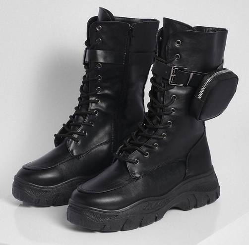 Boohoo POUCH DETAIL CALF HIGH CHUNKY COMBAT BOOTS