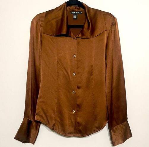 DKNY  100% Silk Dark Brown Collar Button Front Long Sleeve Blouse Top Size 6