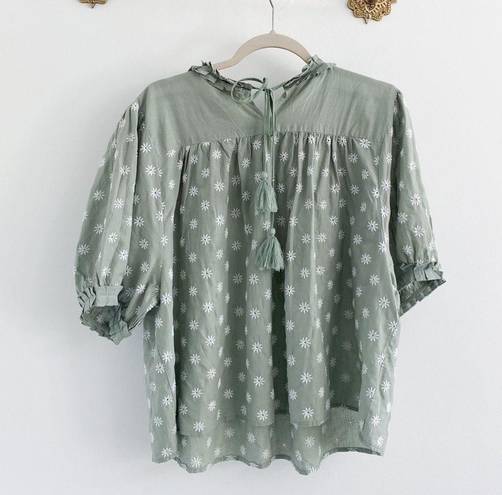 Bohme Sage Green Embroidered Floral Puff Sleeve Tassel Blouse Boho