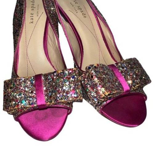 Kate Spade Charm Multi Sparkle Glitter Hot Pink Slingback Bow Heels