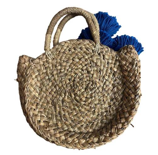 Krass&co Brunna . Rounded Small Straw Tote Purse with Blue Tassels