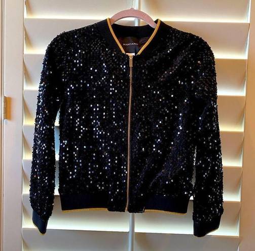 Marciano 🧥 Black Sequin Bomber Jacket Sz Girl XL but could fit Women XXS/XS EUC